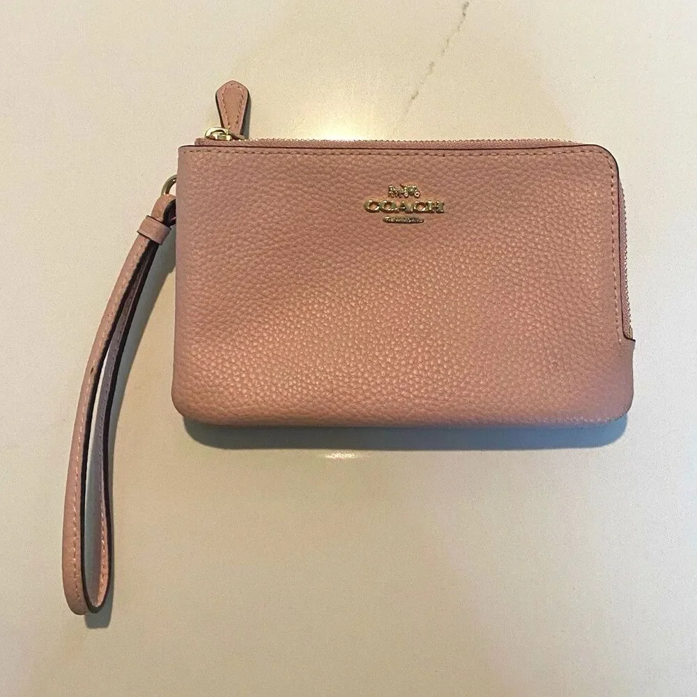 Coach Double Zip Wristlet In Pebble Leather(Blush Pink)